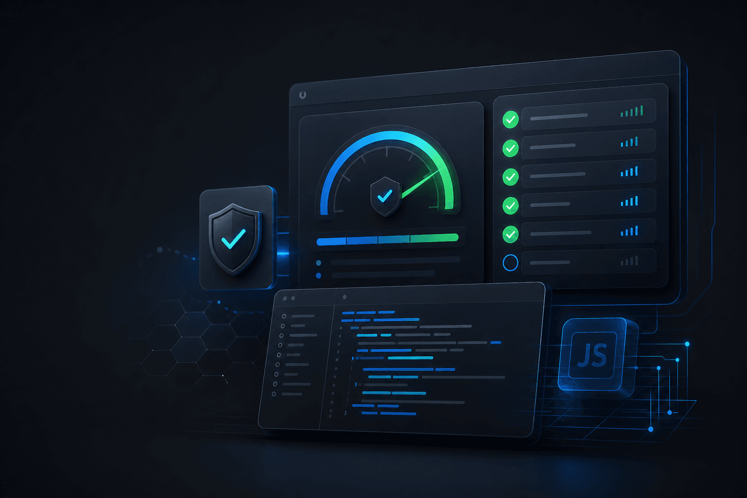 Abstract security interface showing password strength and policy analysis panels